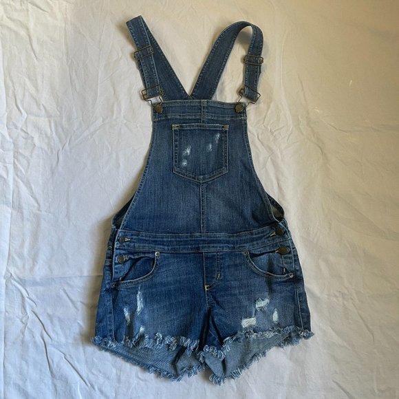 Vintage GUESS Jeans Romper Overalls Shorts Blue Sz S Shortalls Denim Distressed - Picture 2 of 4